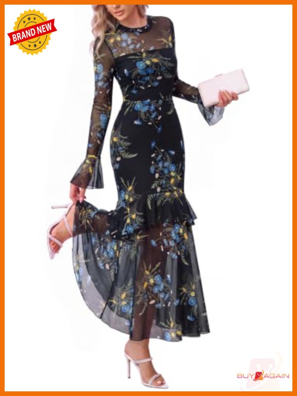 Women's Floral Maxi Dress Long Sleeve Crew Neck A-Line Semi-Formal
